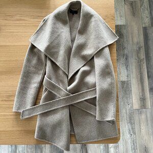 Quince Double-Faced Merino Wool Draped Collar Short Wrap Coat - Oat color